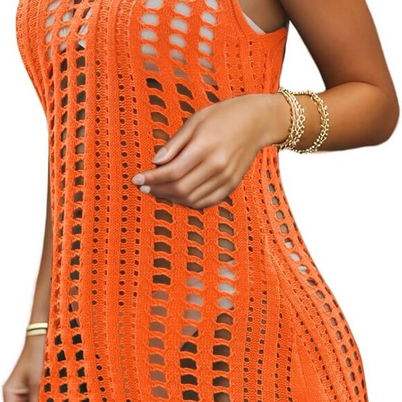 Orange Crochet Hollow Out Slit Beach Cover Up Dress for Women, Small - Picture 1 of 4